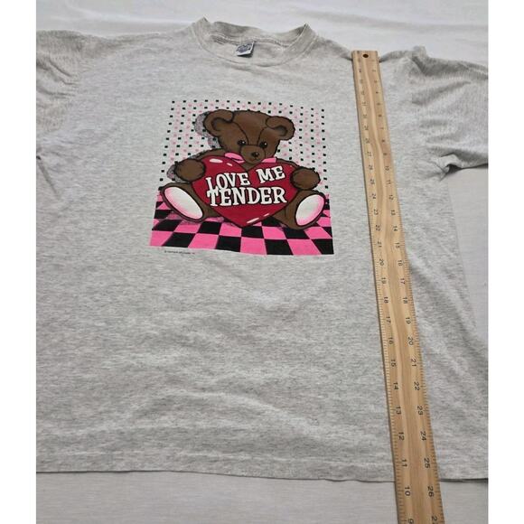 Vintage Teddy Bear Tee Shirt Love Me Tender Heart Elvis 90s Single Stitch XL USA - Picture 7 of 12